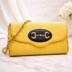 Authentic Gucci Horsebit Raffia Straw Clutch Chain Bag Yellow Crossbody Bag